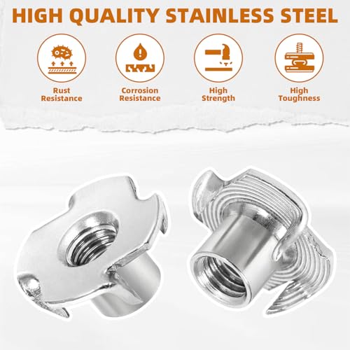3/8"-16 Stainless Steel T-Nuts Durable Anti-Corrosion Threaded Inserts Tee Nut Four Prongs Nut for Wood and Furniture, 30 PCS 3/8"-16 x 1/2" 304 Stainless Steel