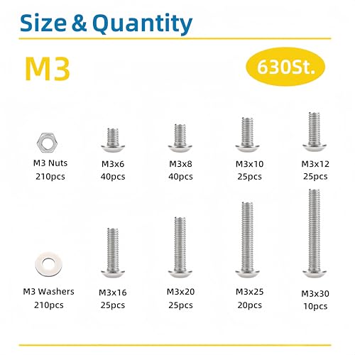 630 Pcs M3 Screws Assortment Kit, M3x6mm/8mm/10mm/12mm/16mm/20mm/25mm/30mm, Metric Hex Button Head Socket Cap Screws Nuts Washers Kit with Wrench, 304 Stainless Steel M3 630 Pcs