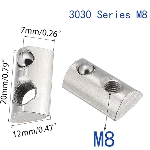 3030 Series M8 T Slot Half Round Nuts Roll-in Spring Ball Loaded Elastic Nuts Carbon Steel for European Standard 3030 Series Aluminum Extrusion Profile Rail with 8mm Slot for 3D Printer(M8,30 Pcs) 30-M8(30 Pcs）
