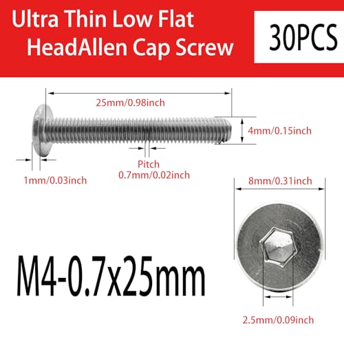 30pcs Low Flat Head Allen Cap Ultra Thin Hex Socket Screw Bolt, 304 Stainless Steel, Fully Threaded (M4-0.7mm x25mm) M4x25mm