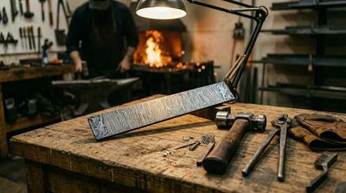 Damascus Steel Billet Bar for Knife Making – Firestorm Pattern Hand Forged Blank, 1095 & 15N20 High Carbon Steel Bar Stock, 12 x 2 in, Annealed & Pre-Etched, Bladesmithing & Blacksmith Supply