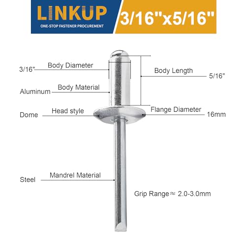 Linkup 115pcs pack 3/16" x 5/16" Large flange Pop blind Rivets,Large Head aluminum rivets,4.8mm x 8mm pop rivets,Aluminum Body Steel Mandrel Rivets (Silver)