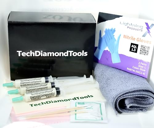 TechDiamondTools Complete Manual Polishing & Surface Finishing Kit – 1500 3000 8000 Grit US-Made Compounds with Wool Cloths, Dual Microfiber Towels, Precision Swabs & Gloves