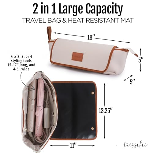 Large Hair Tools Travel Bag with Heat Resistant Mat for Curling Irons, Flat Irons, and Styler Brushes | Protective Organizer for Travel & Home Ivory/Brown