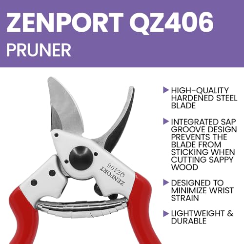Zenport QZ406 Small Professional Pruner, 7.25 Inch Garden Pruning Shears, 0.8 Inch Cut Capacity, Forged Carbon Steel Blade, Ergonomic Handle 1