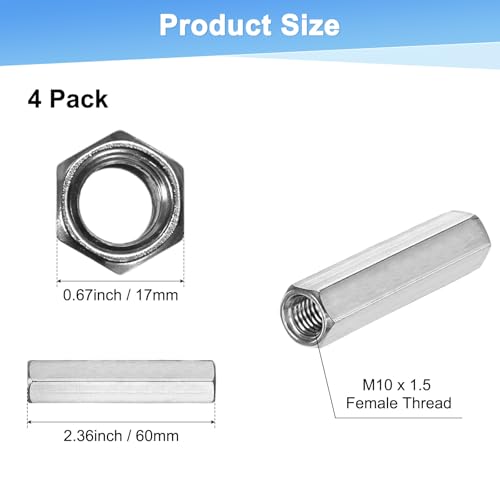 M METERXITY 4-Pack M10 x 1.5-Pitch Hex Coupling Nuts, 60mm Length 304 Stainless Steel Fully Threaded Rod Coupling Nut for Machine/Industrial, Studding Connector Fasteners[Silver Tone] M10-1.5 x 60mm