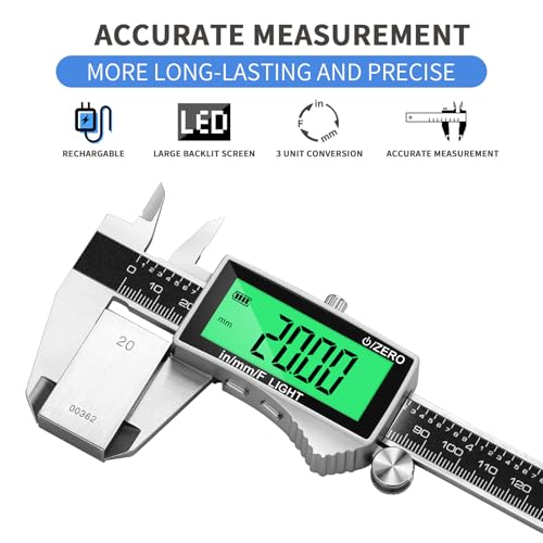 Digital Caliper, Rechargeable Calipers Measuring Tool with Large LCD Backlight Screen, 6 Inch Stainless Steel Vernier Micrometer, Auto-Off, Easy Switch from Inch Metric Fraction for DIY/Household
