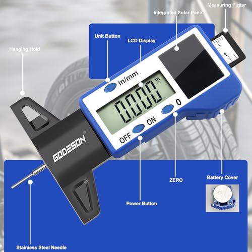 GODESON Digital Tire Tread Depth Gauge – Solar & Battery Hybrid, Inch/MM Modes, 1"/25.4mm Range, Blue Accurate Tread Depth Gauge Tool for Cars, Trucks & Motorcycles Tire Wear Check IN/MM - Blue