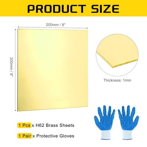 MECCANIXITY Brass Sheet, 8" X 8" 18 Gauge(1mm) Thickness H62 Brass Metal Plates Thin Metal Sheets with Gloves for Craft DIY Model Jewelry Electrical Repair Industrial, Pack of 1, Gold 8" x 8" 18 Gauge(1mm)