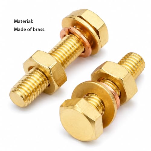 4pcs 1/4-20 x 1 Hex Screw Bolts + Hexagon Nuts + Flat Washers + Spring Lock Washers Kit, Conductive Brass Copper Hex Head Bolt, Full Threaded Heavy Duty Screw Bolts Kit 1/4-20 x 1", 4pcs