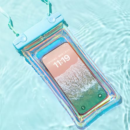Air Float Waterproof Phone Case, Rainbow Holographic Laser TPU Touch Responsive Phone Pouch for Pool Beach Snorkeling Cruise (Black) Black