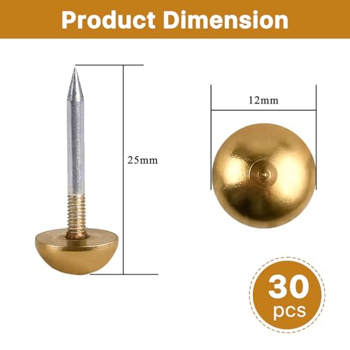 30 Pcs Retro Solid Pure Brass Tacks, 1/2",12 mm Upholstery Nails for Furniture, Decorative Brass Nails for Wood, Carpet Tacks, Cap Nails,Thumb Tacks, Brass Fasteners