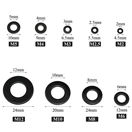Black Zinc Plated Alloy Steel Flat Washers Set 580 Pieces, 9 Sizes - M2 M2.5 M3 M4 M5 M6 M8 M10 M12 Black Washers Assortment Kit (580 Pieces)