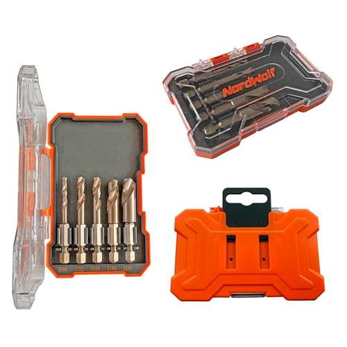 NordWolf 5-Piece M35 Cobalt Stubby Drill Bit Set for Stainless Steel & Hard Metals, with 1/4" Hex Shank for Quick Chucks & Impact Drivers, SAE Sizes 9/64"-7/32"-15/64"-21/64"-25/64" in Storage Box 9/64" to 25/64" (5 Pcs)