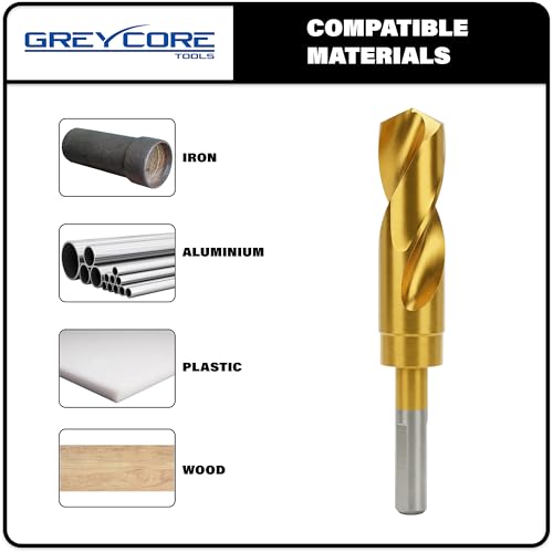 Greycore Tools 1-1/2 Inch Reduced Shank Drill Bit, 1/2" 3-Flat Shank, High Speed Steel with Industrial Titanium Coating, Drill Bit for Steel, Iron, Wood, Plastic (1-1/2" x 6" RS) 1 1/2 in