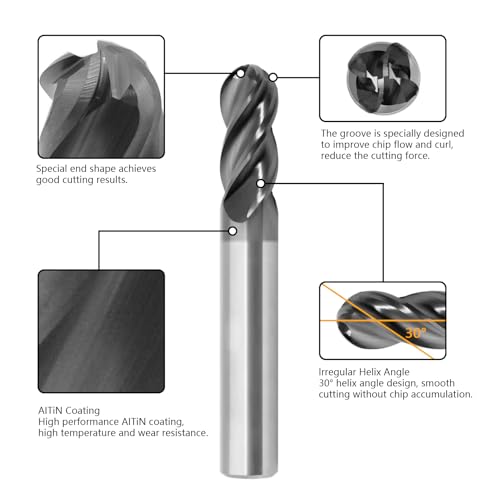 1/2" Ball Nose Carbide End Mill 4Flutes Carbide Milling Cutter HRC55 CNC Router Bits with AlTiN Coated for Alloy Steel 1/2 in