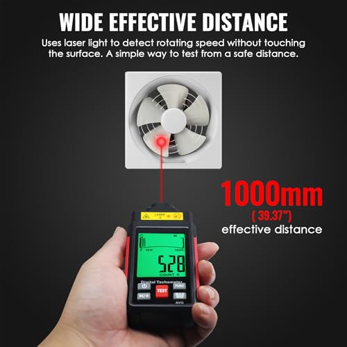 Digital RPM Tachometer 10-99999 RPM High Accuracy Laser Non-Contact RPM Meter with Reflection Tape, LCD Backlight & Max/Min/AVG, Data Hold, RPM & Counting Speed RPM Tester Rotational