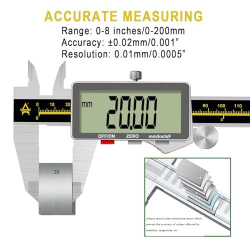 Digital Caliper,ACEMETER 0-8" Vernier Calipers Measuring Tool-Electronic Micrometer with Large LCD Screen,Metal Metric Measure Caliper for Engineer Carpenter,Auto-Off Feature,Inch/Fraction/Millimeter Stainless Steel 8 inch/200mm