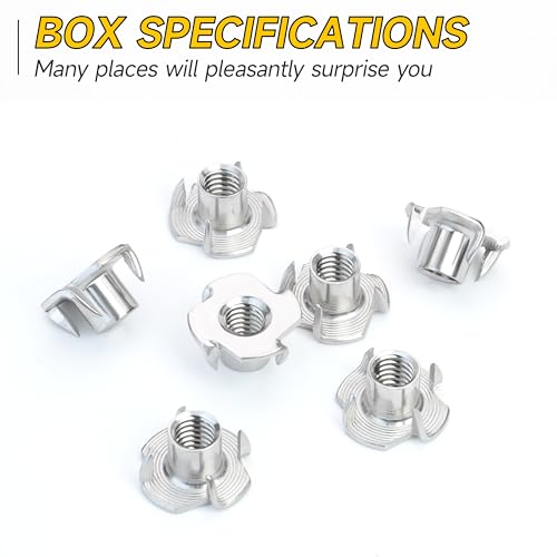 100Pcs 1/4-20 Nut, 304 Stainlee Steel 1/4 20 Nut Hardware Nuts, 4-Pronged Tee Blind Nuts Threaded Insert T Nuts 1/4-20" for Wood Working, Funiture, Rock Climbing Holds, Cabinet by Mywish 1/4"-20 Silver (304 Stainless Steel)