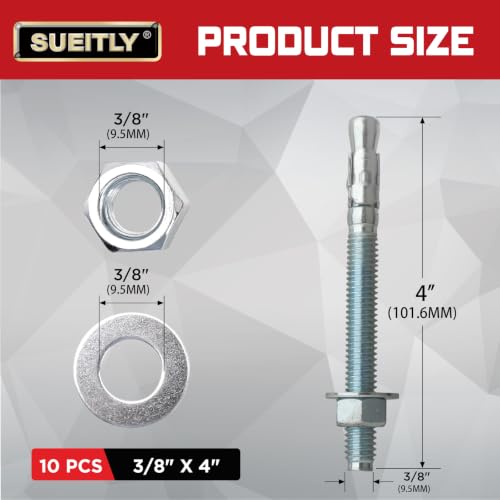 3/8" x 4" Wedge Anchor Bolts for Concrete, Zinc Plated Expansion Anchors for Brick, Block and Masonry Applications, 10 Pack 3/8" x 4"