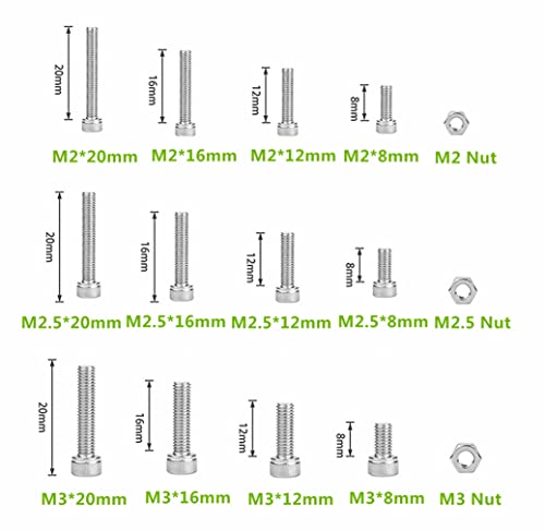 480Pcs Metric M2 M2.5 M3 304-Stainless Steel Hex Socket Head Cap Screws Nuts Assortment Kit M2,M2.5,M3