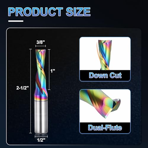 PATIKIL Spiral Router Bit 1/2" Shank 3/8" Dia 1" CL Downcut 2 Flute 1/2" Shank x 3/8" D x 1" CL