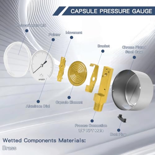 0-5 Psi Low Pressure Gauge, Capsule Gauge with 304 Stainless Steel Case, 2.5" Dial Size, 1/4" NPT Lower Mount, Zero Adjustment, for Air Water Gas Pressure Test 0-5psi（includes tape）