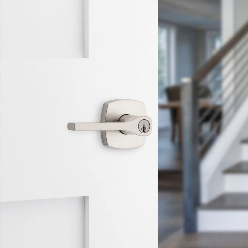 Kwikset Tripoli Lever Entry Door Handle with Lock and Key, Secure Keyed Reversible Lever Exterior, For Front Entrance and Bedrooms, Satin Nickel, Pick Resistant Smartkey Rekey Security and Microban 1 Pack