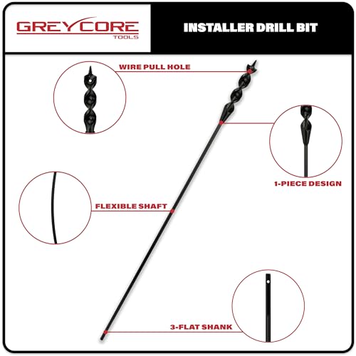 Greycore Tools 3/4 Inch x 54 Inch Flexible Drill Bit for Wire Pulling and Fishing, Auger Head Installer Drill Bit, Fish Bit for Pulling Wires in Walls (3/4" x 54" Installer) 3/4" x 54" 54" Length