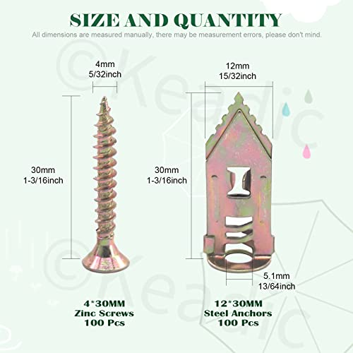 Keadic 200 Pieces 12 x 30mm Drywall Self-Drilling Anchors with Screws Kit, No Drill or Holes in Wall, Hangs up to 66 lbs