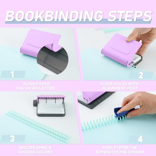 Binding Machine, 10 Hole Puncher, DIY Creative Book Spiral Binder Machine for Planner, A4-30 Holes, A5-20 Holes, B5 26 Holes with 10 PCS 30-Hole Loose Leaf for Work, Study - Purple Purple-10 Hole
