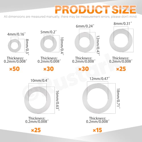 175Pcs 6 Sizes 304 Stainless Steel Flat Washer Assortment Kit Ultra Thin Flat Spacers Shim Washers Barrel Washers for Bolts Screws