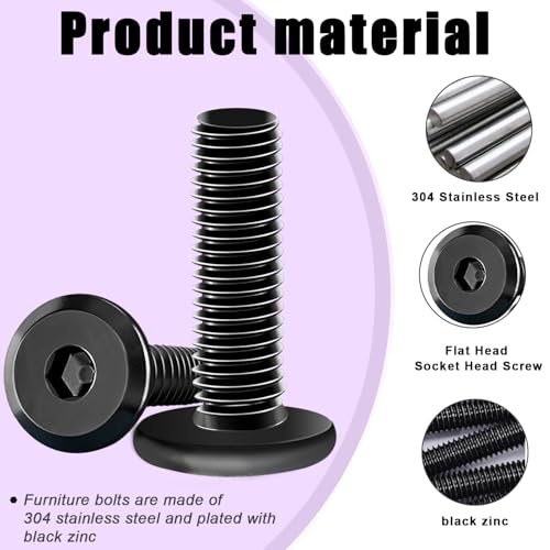 Taiss 10pcs 1/4-20x2-1/2" Flat Head Socket Head Screw,Furniture Bolts,Furniture Screws 304 Stainless Steel,1/4 Bolts Black Zinc Plated Fully Threaded,Countersunk Connector Screws with Hex Spanner