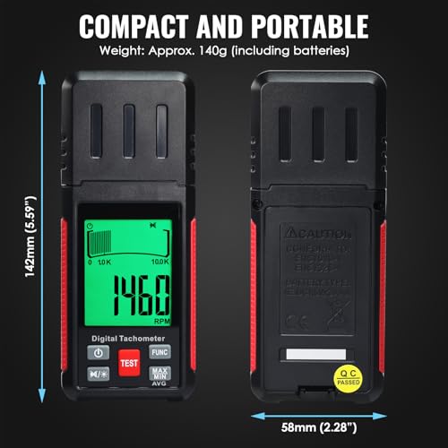 Digital RPM Tachometer 10-99999 RPM High Accuracy Laser Non-Contact RPM Meter with Reflection Tape, LCD Backlight & Max/Min/AVG, Data Hold, RPM & Counting Speed RPM Tester Rotational