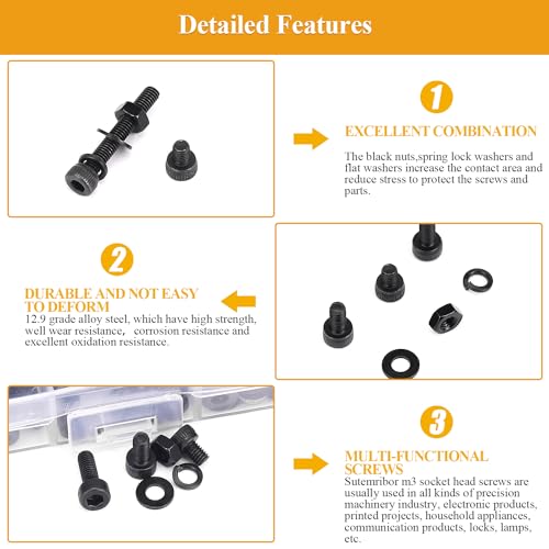 555 Pieces M3 Screws Nuts Washers Set Black, Sutemribor M3 x 6/8/10/12/16/20/25mm Hex Socket Head Cap Screws Nuts Washers Assortment Kit, 12.9 Grade Alloy Steel, Fully Threaded M3 x 6-25mm