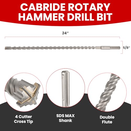 5/8 in X 24 in SDS MAX Bits, Rotary Hammer, Carbide, Masonry Drill Bits for Concrete, Stone and Brick, SDS MAX Hammer Double Flute, Concrete Drill Bit 5/8 in 24 inch long
