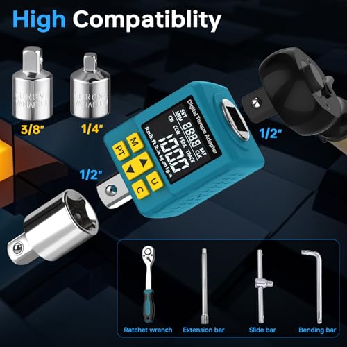 1/2" Digital Torque Wrench Adapter 5-100 ft-lb (6.8-135Nm), ±2% Accuracy