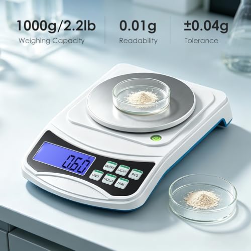 Antstone Digital Precision Scale 0.01g Accuracy, 1000g Lab Scale Scientific Digital Balance, Jewelry Scale for Laboratory Jewelry Weighing, Includes 100g Calibration Weight and 2 AAA Batteries 1000 Grams