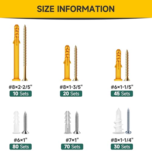 Mywish 510Pcs Wall Hanging Kit with Anchors and Screws, Dry Wall Anchors and Screws Kit for Picture Hanging, Plastic Drywall Screws and Anchors for Sheetrock Concrete Brick, 6 Sizes 510