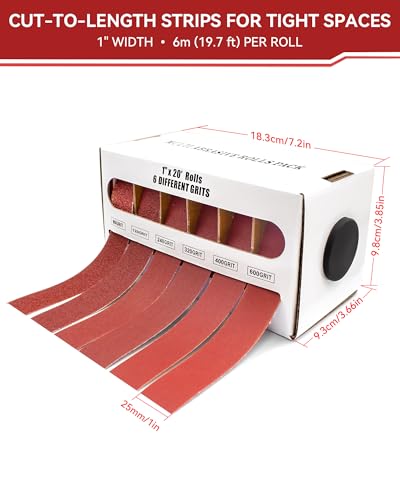 Emery Cloth Roll, 6 Grits, 1 Inch x 19.7 ft (6m) Sandpaper Roll 80 120 240 320 400 600, Emery Cloth for Metal, Wood, Automotive and Furniture, Wet/Dry Abrasive Cloth with Dispenser 6 Grits Pack (80/120/240/320/400/600)