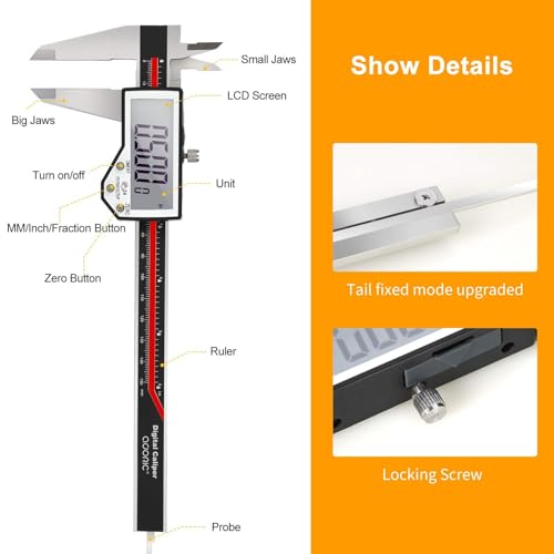 Digital Caliper, 6" Caliper Measuring Tool Extreme Accuracy Waterproof Electronic Vernier Caliper Industrial Stainless Steel Digital, Durable Measuring Tool with Large LCD Screen Red Stainless Steel 6"