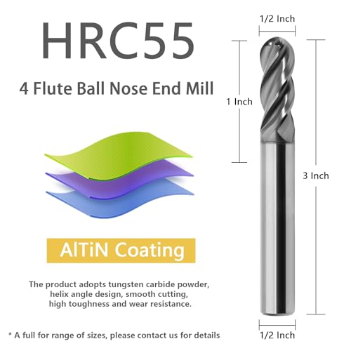1/2" Ball Nose Carbide End Mill 4Flutes Carbide Milling Cutter HRC55 CNC Router Bits with AlTiN Coated for Alloy Steel 1/2 in