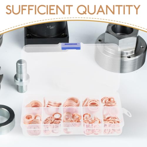 PRETYZOOM Copper Crush Washer Assortment 200Pcs Flat Sealing Washers for Oil Drain Plug Gasket Kit M5 to 14 Sizes with Leak-Resistant O-Ring Design in Storage Box