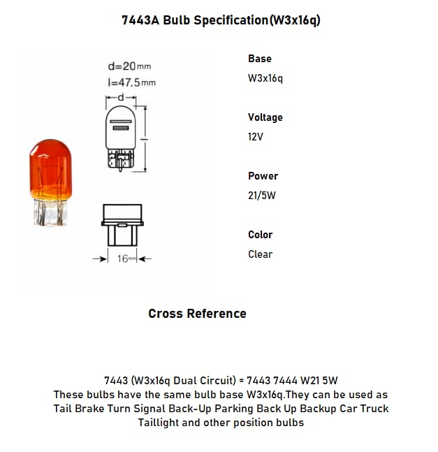 7443NA 7443A Bulb,7444NA T20 Auto Brake Light Bulbs/Tail/Turn Signal 7443 Amber Yellow Orange WY21/5W Long Life Lights fit for Silverado Dodge Dart Sierra Wrangler (12 pack bulk) KadibyBC-7443A