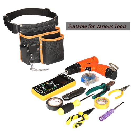 Leather Tool Belt, Electrician Tool Pouch, Genuine Leather Construction, Featuring 6 Pockets, Electrical Tape Chain, and Tape Measure Pouch. (Electrician Tool Kit) Electrician Tool Kit