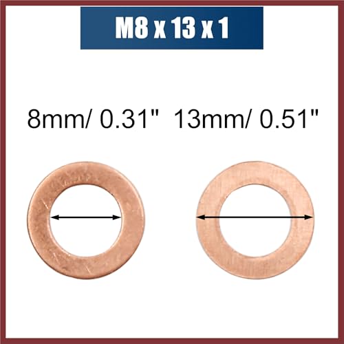100pcs M8 x 13mm x 1mm Copper Flat Washer Sealing Gasket Ring for Screw Bolt Nut Replace Parts