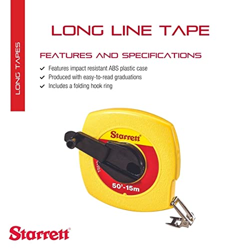 Starrett TS Closed Steel Long Line Tape with Impact-Resistant ABS Plastic Case and Folding Hook Ring - 50' Length, 3/8" Width, L6 Graduation Style Number - KTS510-50ME-N