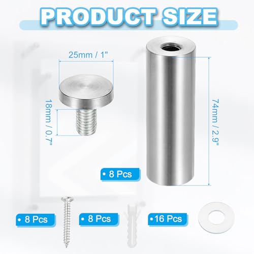 PATIKIL 1" x 3.2" Standoff Screws, 8 Pack Stainless Steel Wall Mount Sign Standoffs Mounting Hardware Advertising Nail for Hanging Acrylic Picture Frame, Silver 1" x 3.2"