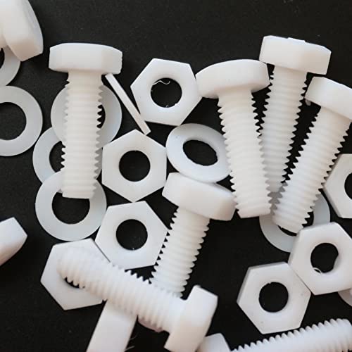 10x Natural PTFE Hex Head Plastic Screws & Bolts M6 x 20mm, Nuts & Washers