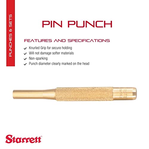 Starrett Brass Drive Pin Punch, 5/16" (8mm) Diameter, 4" (100mm) Length 5/16"